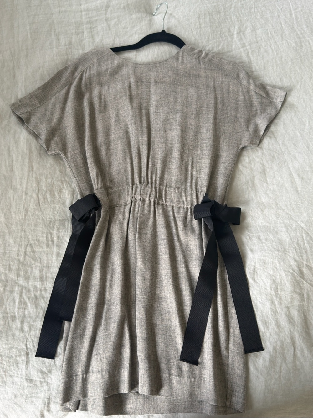 Zara Girls' Neutral Grey Tie-Waist Dress with Black Ribbons